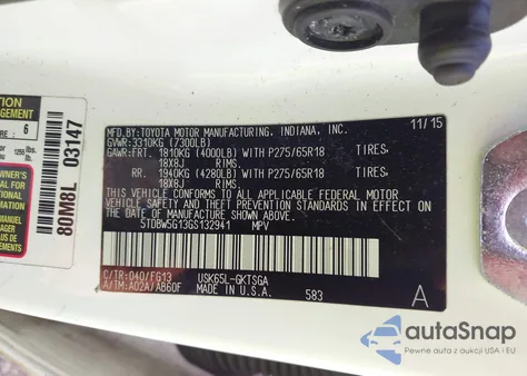 2016 Toyota Sequoia Sr5 5.7L V8 z USA, uszkodzony, nr VIN 5TDBW5G13GS132941